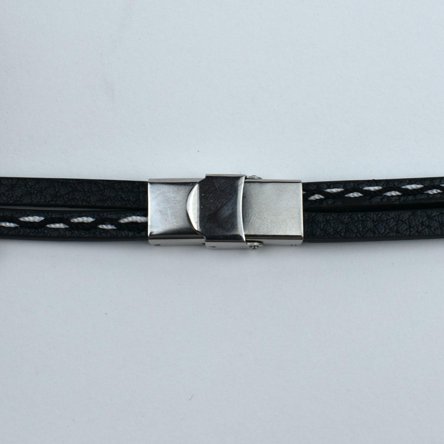 Pulseira Masculina Dupla em Aço Inoxidavel e Imitação de Cabedal